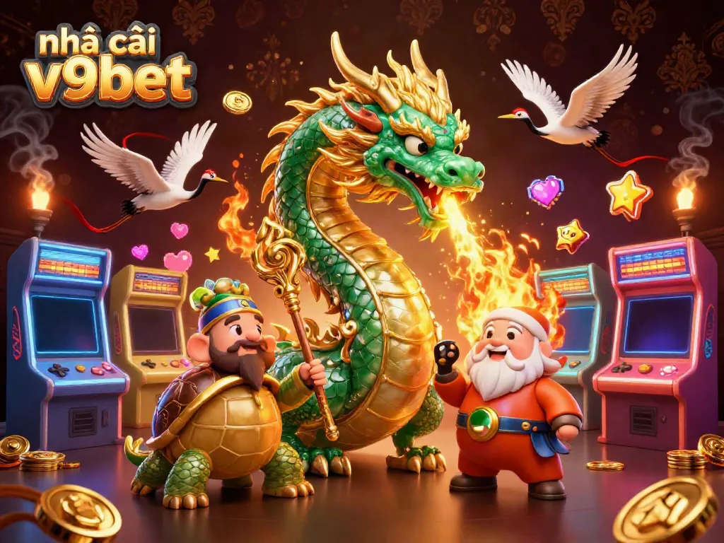 Experience the thrill of nhà cái v9bet with vibrant gaming action, dragon and sage characters.