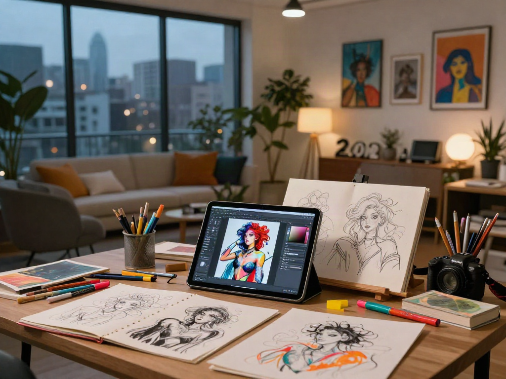 Creative workspace showcasing nsfw ai art design setup with sketches and digital tools.