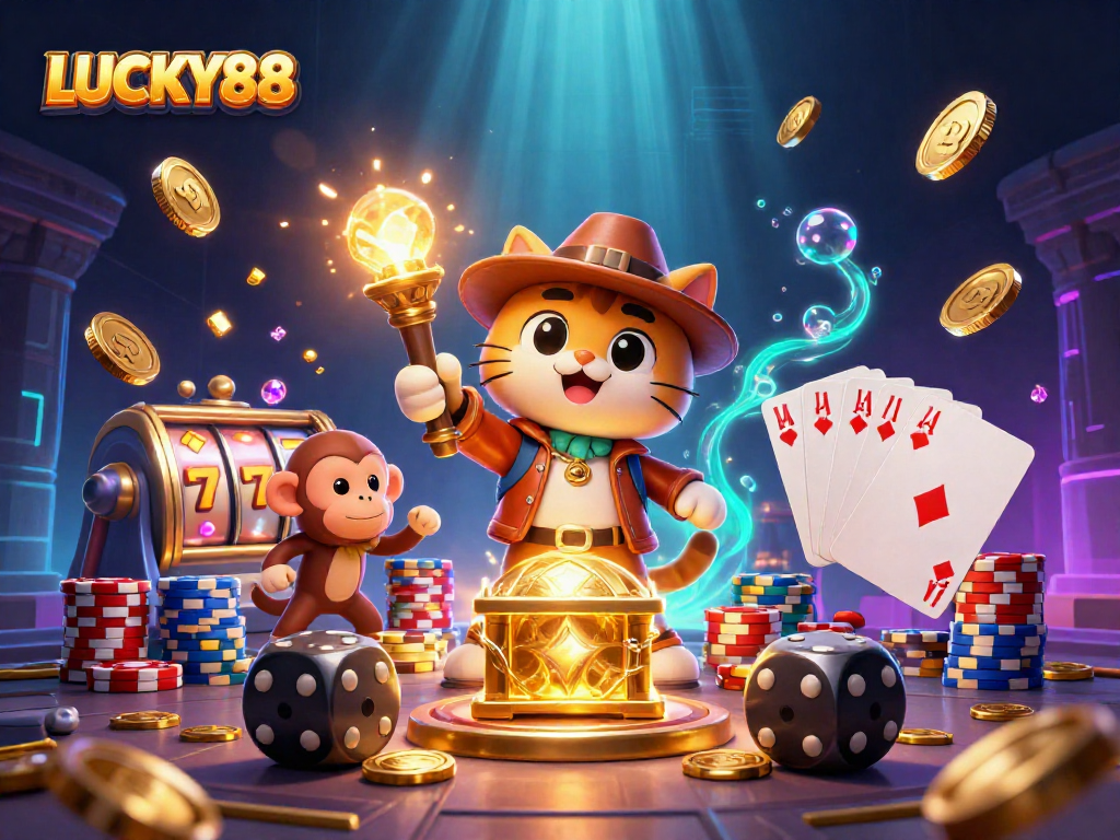 LUCKY88 reveals exciting treasures in a colorful, vibrant casino adventure scene.