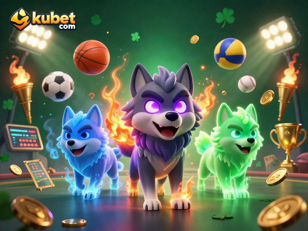 Engage with kubet com's dynamic sports betting scene featuring glowing wolf characters amid vibrant game elements.