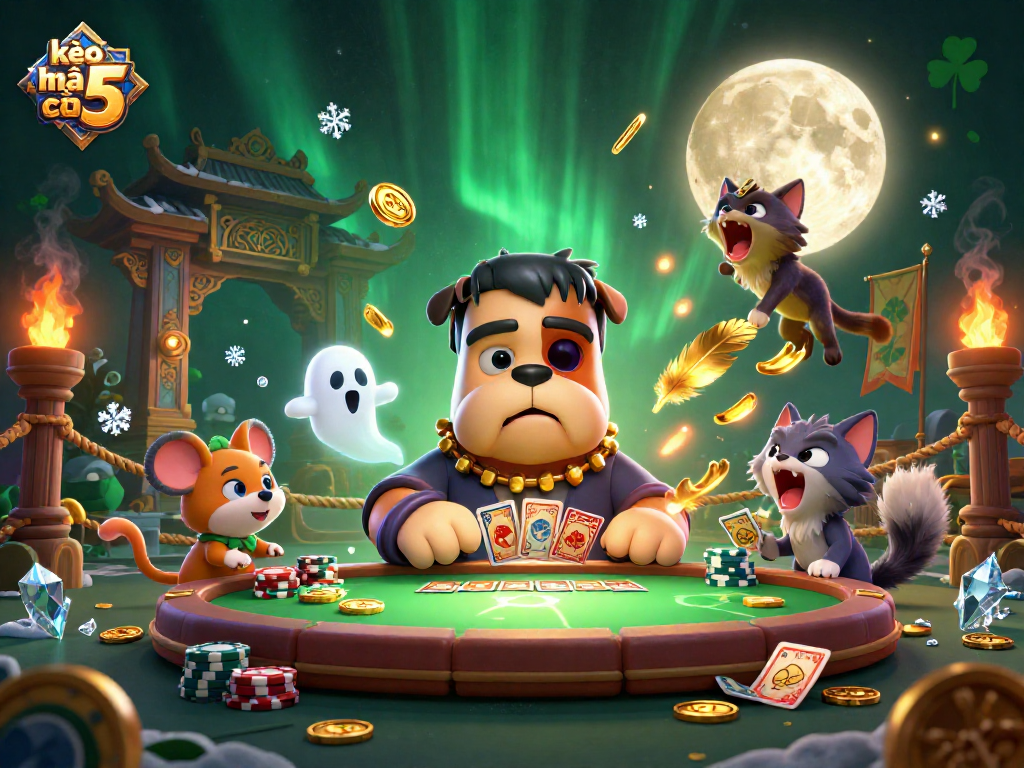 Engage with kèo nhà cái 5 as a Frankenstein bulldog deals cards at a spooky casino table.