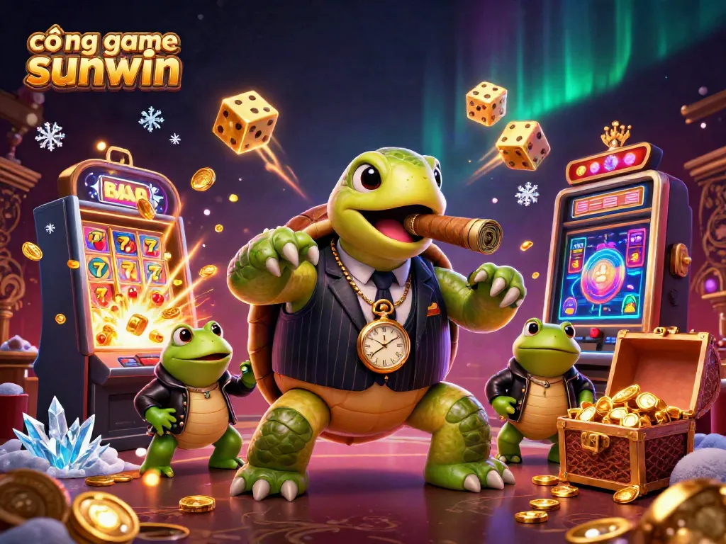 Cổng game sunwin showcases a massive snapping turtle in a mobster suit amid a vibrant casino scene filled with casino action.