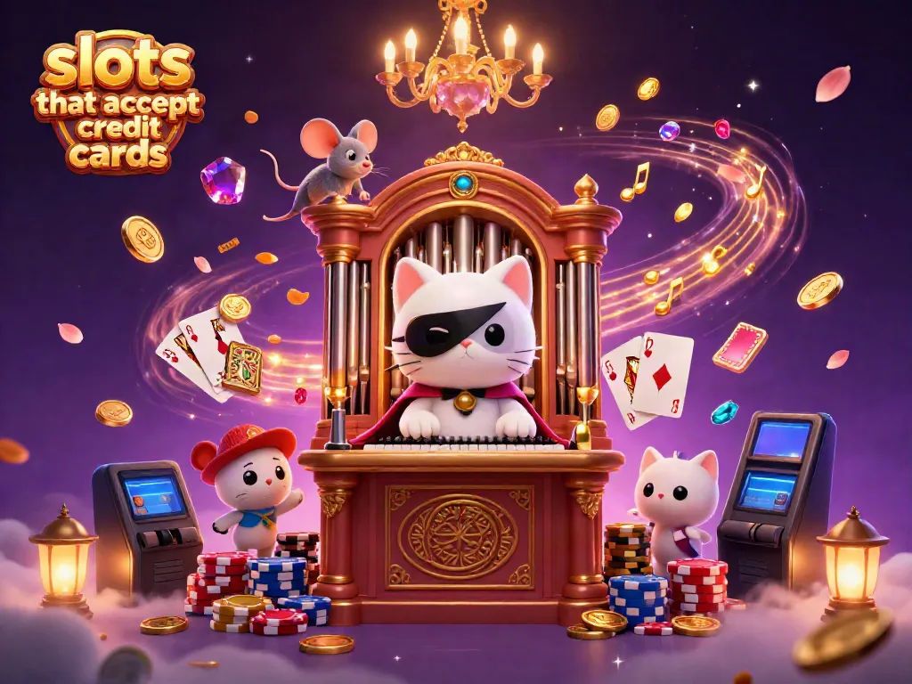 Experience the excitement of slots that accept credit cards with a vibrant casino scene featuring lucky symbols and playful characters.