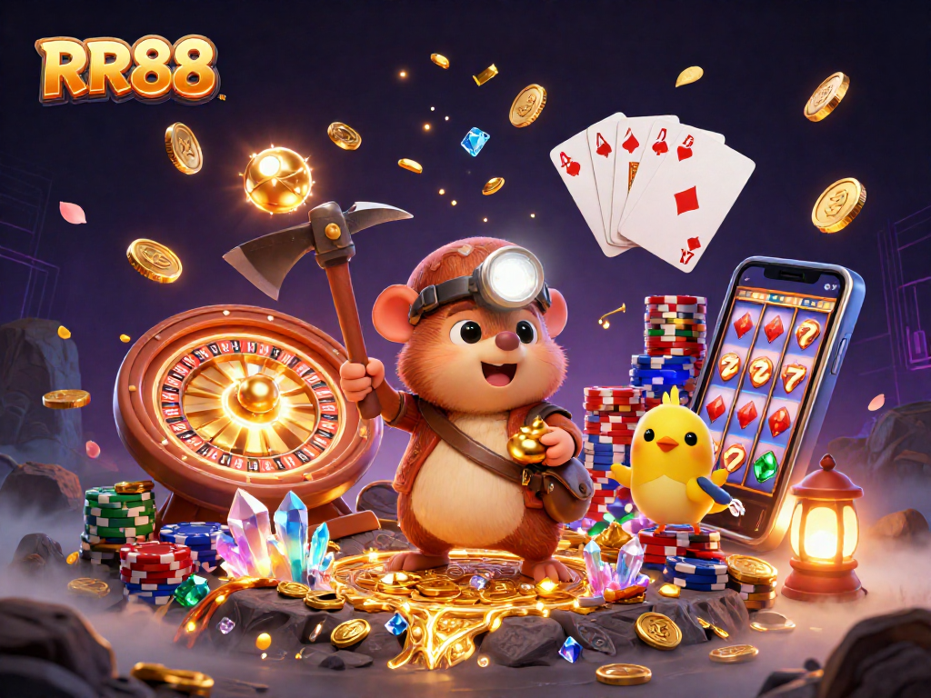 RR88's vibrant illustration showcases a treasure-hunting mole amidst cascading coins and casino elements.