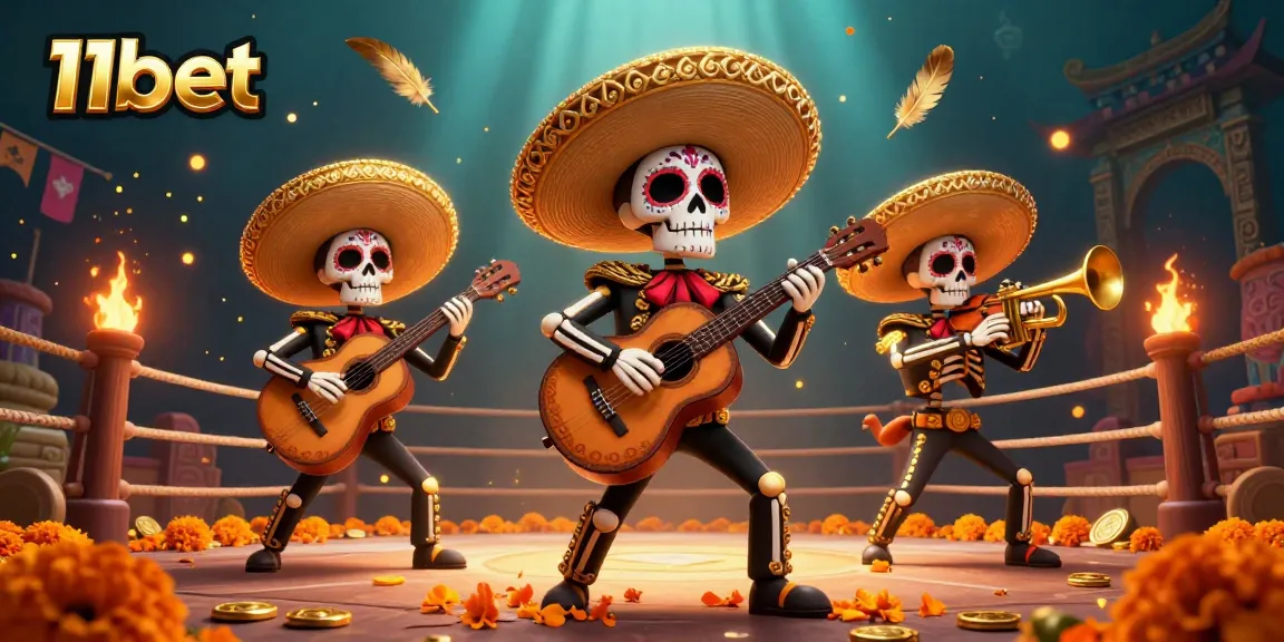 Engage with the thrilling world of 11bet through a vibrant Day of the Dead-themed casino illustration featuring a mariachi band.