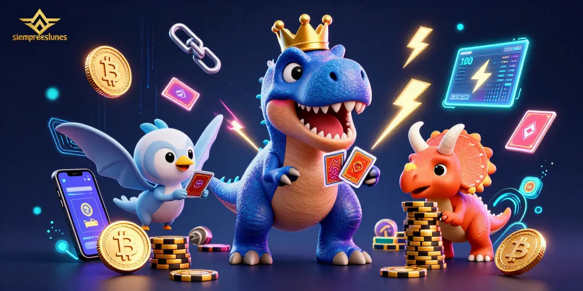 Experience the excitement of siempreeslunes as T-Rex shuffles cards while chips stack up in this vibrant casino scene.