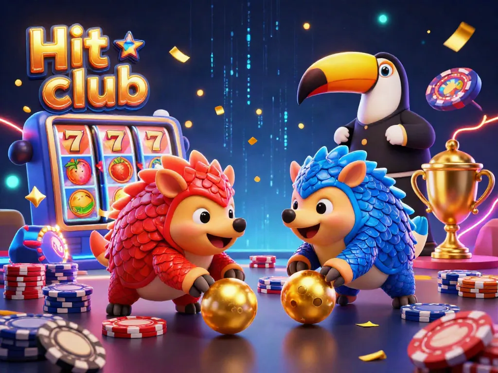 Join the thrilling experience of Hit club, where rival pangolins compete with golden balls amidst vibrant casino elements.
