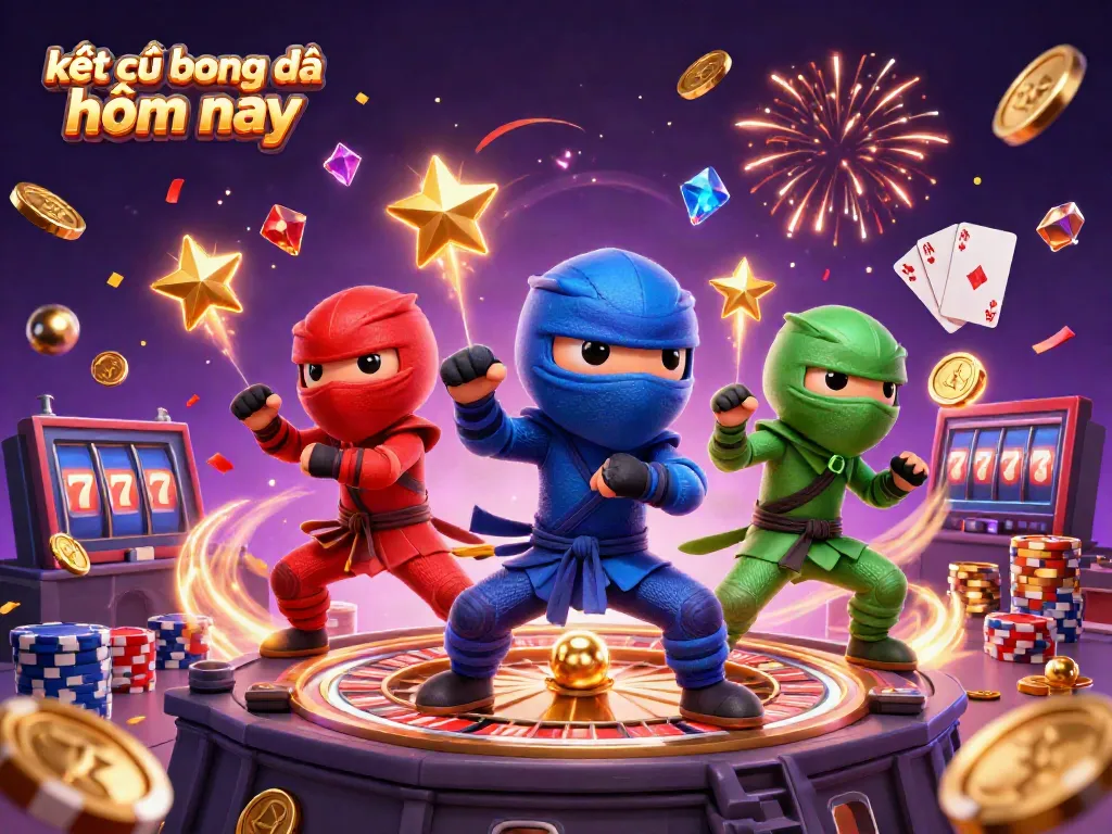 Engage with kết quả bóng đá hôm nay through dynamic ninja chameleons celebrating wins with coins and cards.