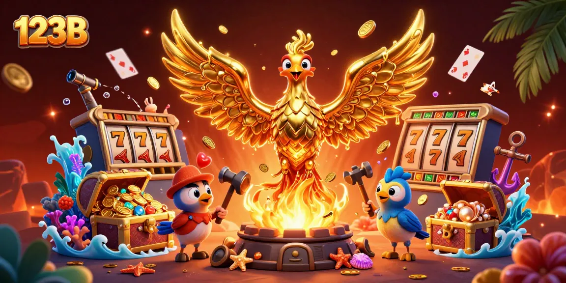 Experience the thrill of 123B with a molten phoenix and rich casino treasures in a vibrant scene.