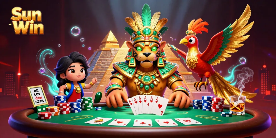 Engage in thrilling poker games with the majestic Sun Win-themed 3D casino illustration.