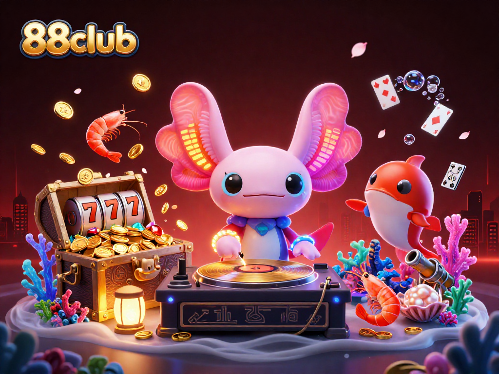 Exciting 88club casino scene with glowing axolotl DJ, treasure gems, and vibrant underwater gaming elements.
