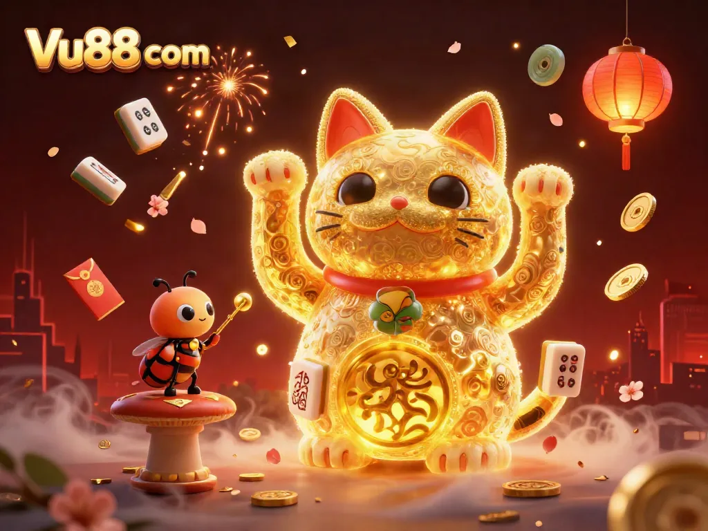 Experience the lively Vu88 com casino world with a 3D lucky cat and golden fireflies illuminating the scene.