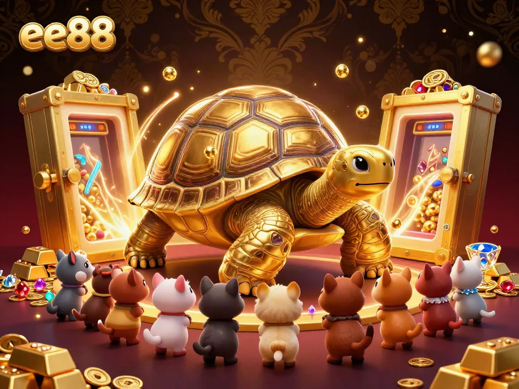 Experience the excitement of ee88 with a 3D illustration showcasing a golden tortoise and dazzling gaming elements.