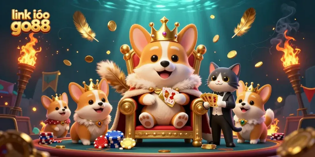 Experience excitement with link vào go88 in a royal gaming scene featuring a crowned corgi and vibrant casino elements.