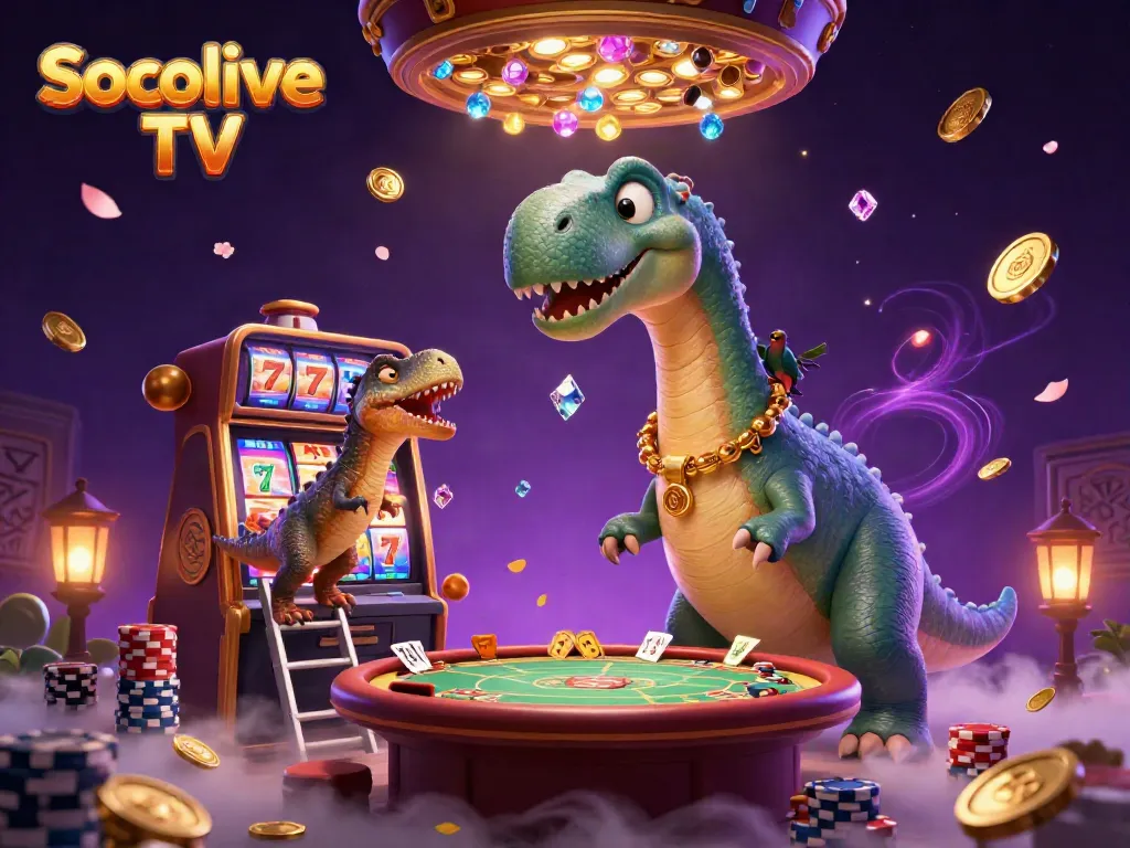 Engage in thrilling Socolive TV gaming as a cartoon dinosaur interacts with a lively poker table.