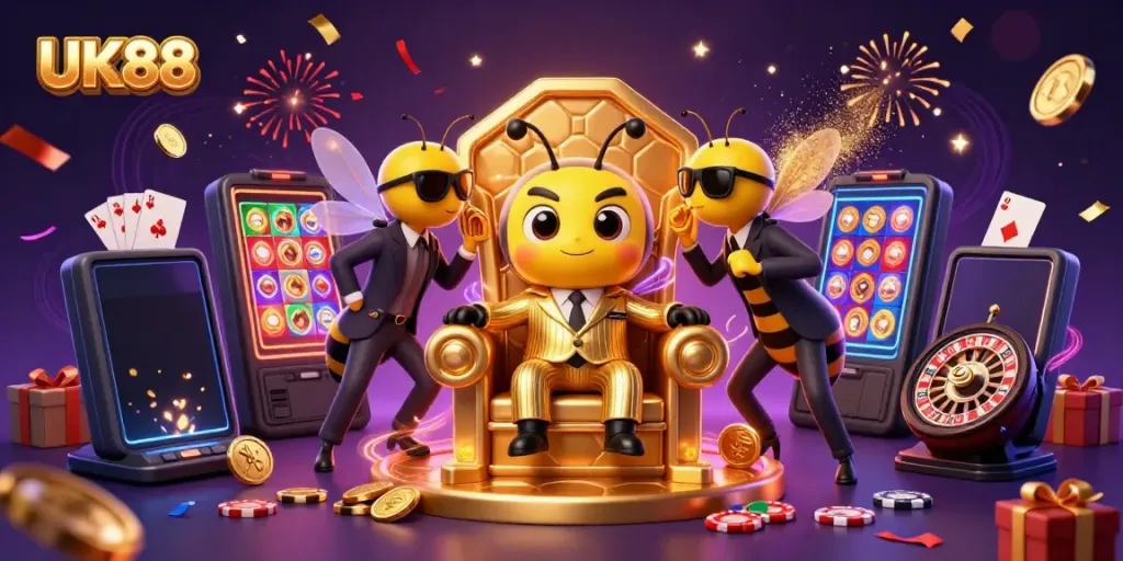 Engage with UK88 through thrilling games in this vibrant 3D casino illustration featuring a playful atmosphere and colorful elements.