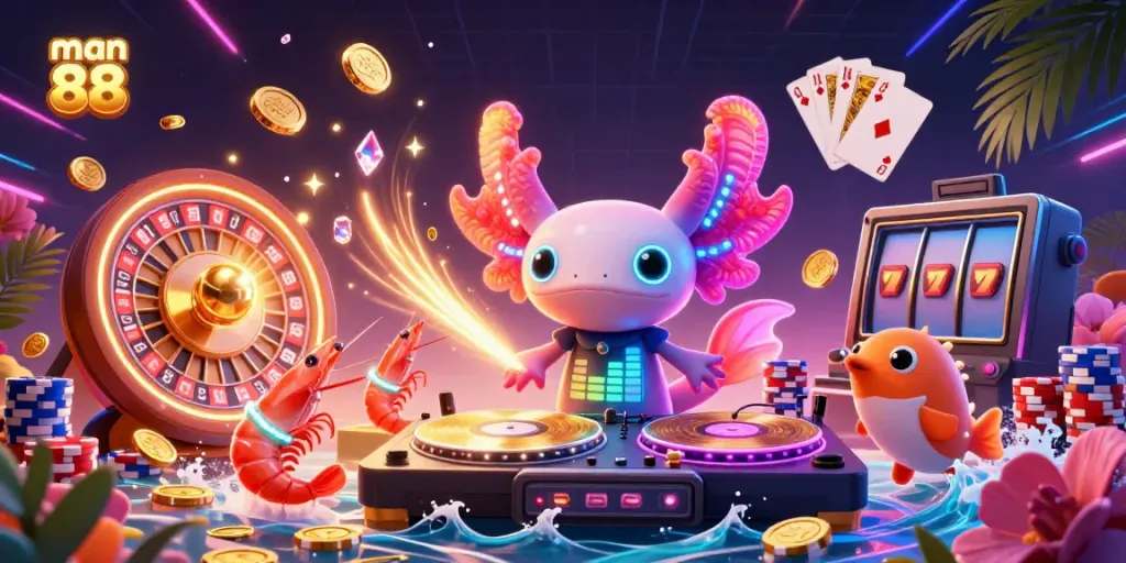 Experience the excitement of man 88 with dancing creatures and casino elements, showcasing vibrant 3D fun.