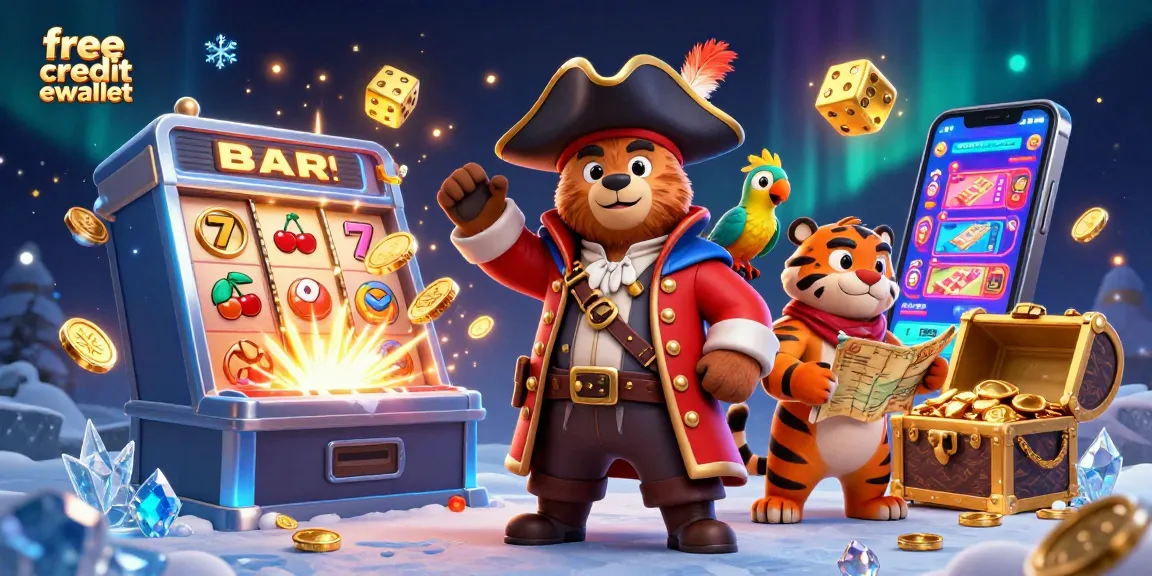 Spin slots and win with free credit ewallet in a vibrant, colorful casino-themed scene.