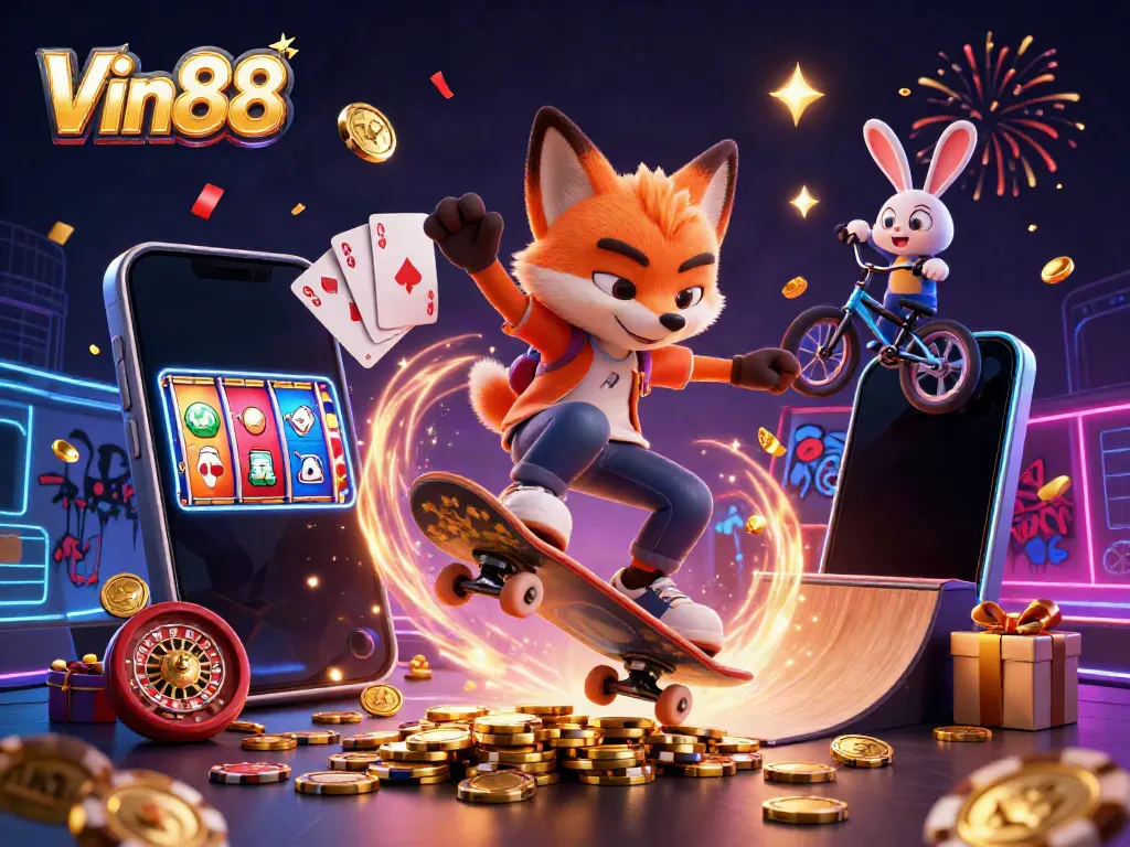Experience thrilling wins with Vin88's 3D casino scene featuring vibrant gambling activities.
