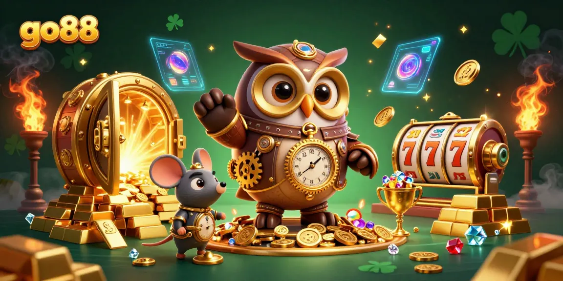 Engage with go88's enchanting casino experience featuring a steampunk owl and treasures in a vibrant 3D scene.