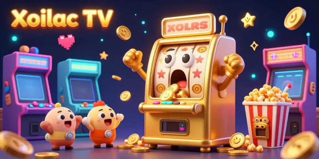 Xoilac TV promotes thrilling casino jackpots with a golden slot machine celebrating a victory.