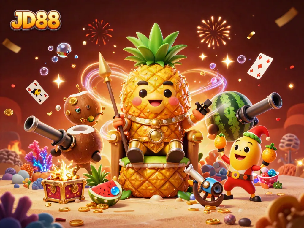 Experience JD88 with a vibrant casino scene featuring a golden pineapple king and dynamic characters.