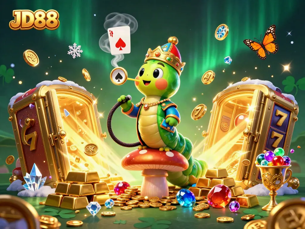 Spin the reels at JD88, featuring a vibrant 3D scene with gold treasures and poker symbols.