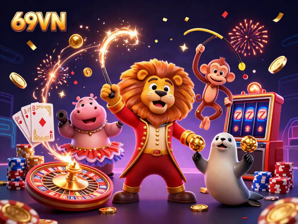 Experience thrilling casino excitement with 69VN, featuring a vibrant circus scene filled with gaming action.