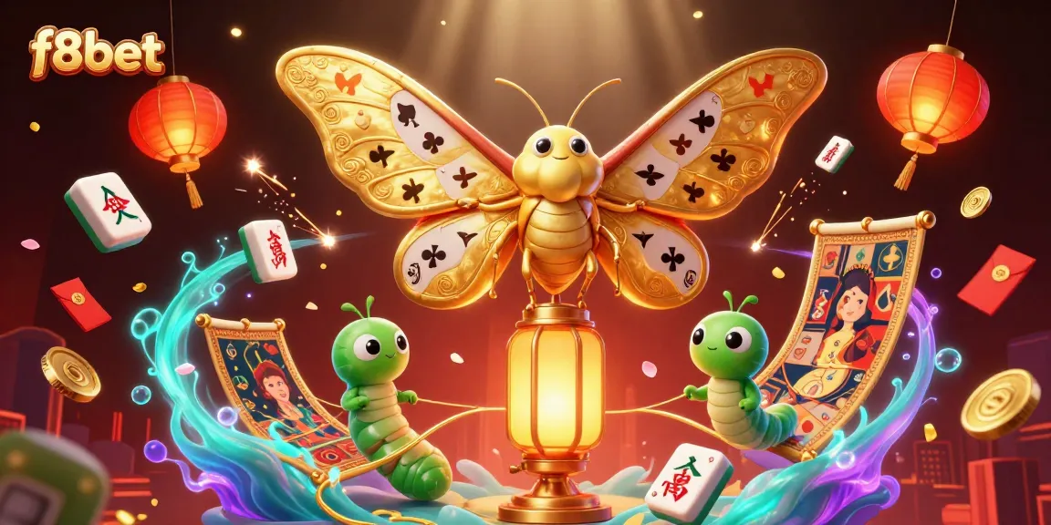 f8bet offers immersive gaming with a golden-winged moth symbolizing luck, enveloped in casino elements.