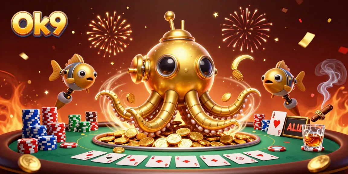 Engage in action at Ok9's exciting gaming scene with golden kraken submarine rising among poker excitement.