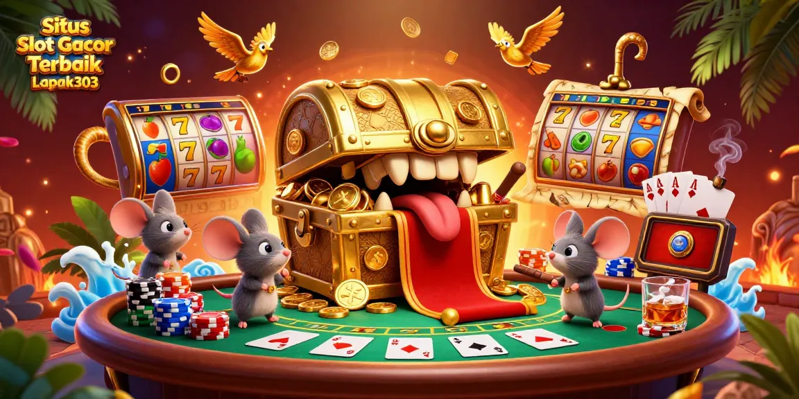 Situs Slot Gacor Terbaik Lapak303 enticing players with vibrant slot reels and a lively casino atmosphere.