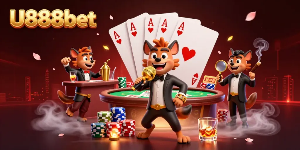 Experience U888bet's vibrant casino world with hyenas bringing laughter and excitement.
