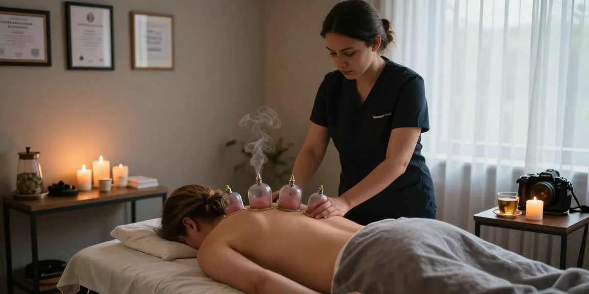 Back pain massage St Albans, practitioner applying cupping therapy in a tranquil wellness clinic.