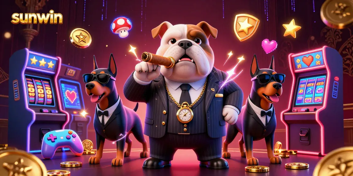 Experience the excitement at sunwin with a vibrant 3D mafia-themed illustration featuring a bulldog and casino elements.