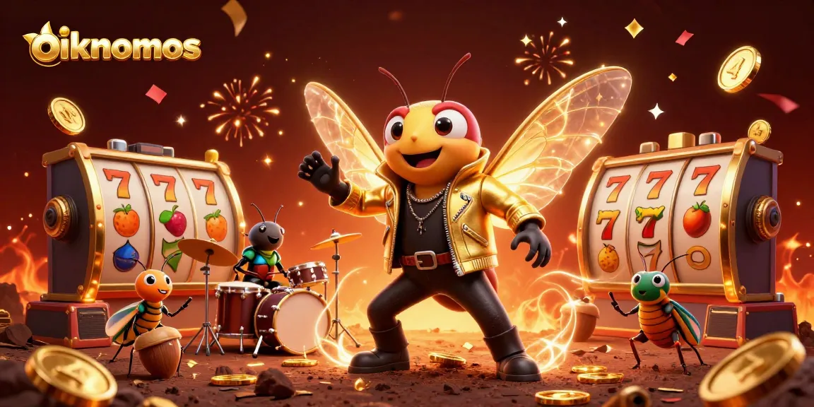 Experience vibrant entertainment at oikonomos with animated casino characters amidst spinning slot reels and golden jackpots.