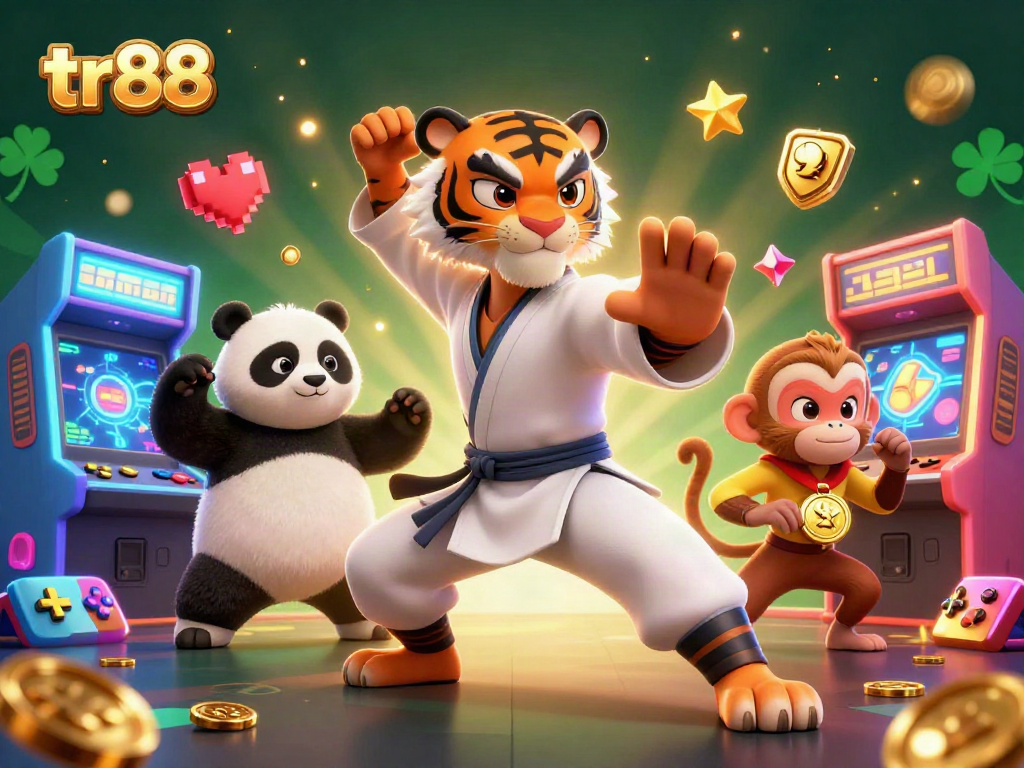 Experience the thrill of tr88 with an action-packed 3D casino illustration featuring a kung fu tiger and friends.