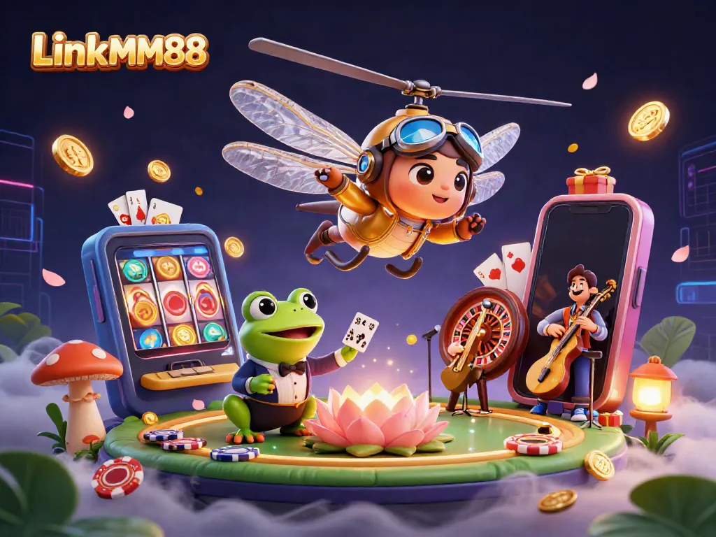 Engage in thrilling gaming action at Link MM88 with a dragonfly pilot, frog dealer, and vibrant slot games.