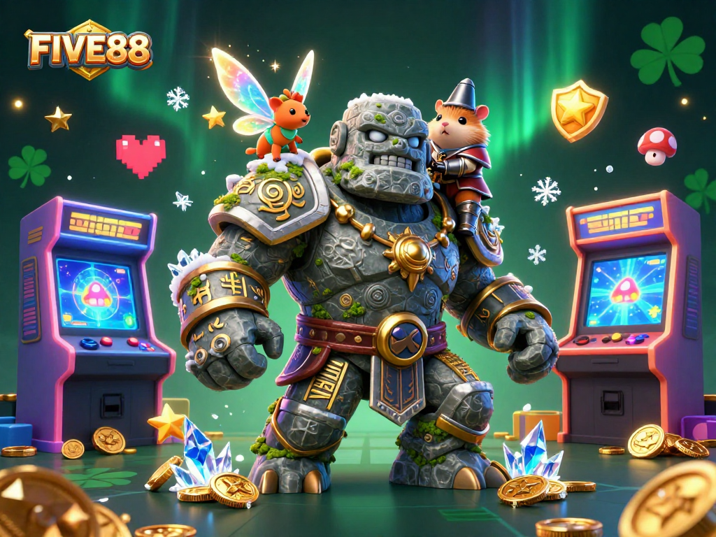 Engage with thrilling games at FIVE88, as magical characters animate the vibrant casino scene.
