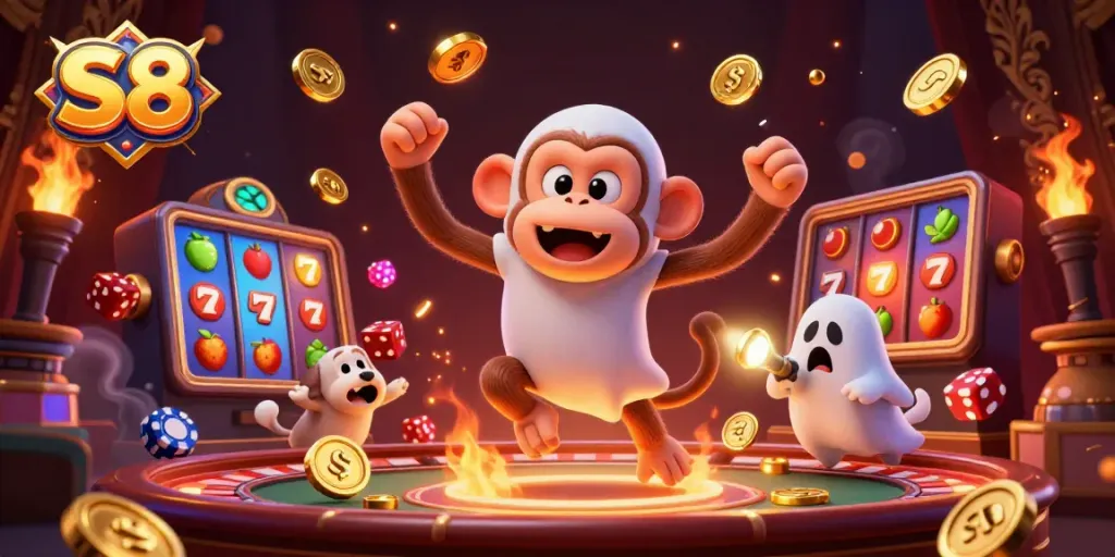 Join the fun at S8 Casino: a playful poltergeist and curious puppy explore the riches inside!