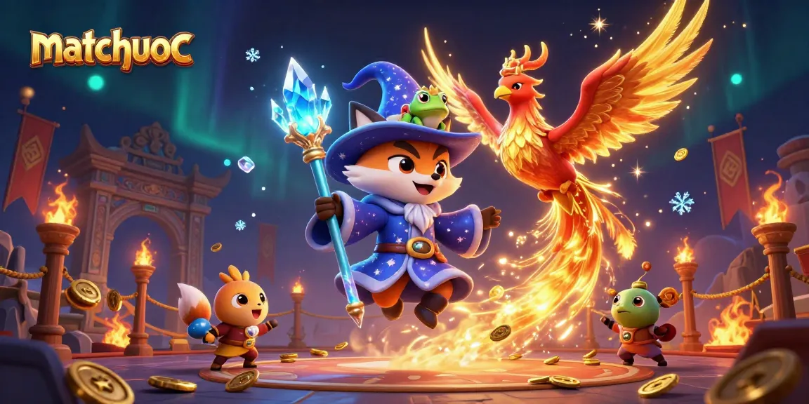Engage with matchuoc in this vibrant 3D illustration of a wizard, phoenix, and crown frog immersed in a mystical casino scene.