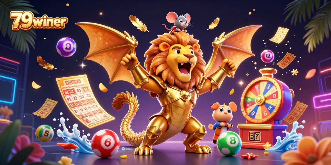 Experience excitement with 79winer in a vibrant 3D casino scene featuring dynamic lottery balls and a mythical chimera.