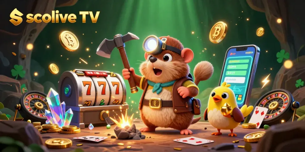 Engage with socolive TV’s vibrant casino world featuring a miner and canary amidst golden treasures.