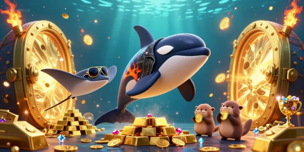 Kèo Nhà Cái highlights sports betting with a vibrant scene featuring an orca whale, stingray, and sea otters.