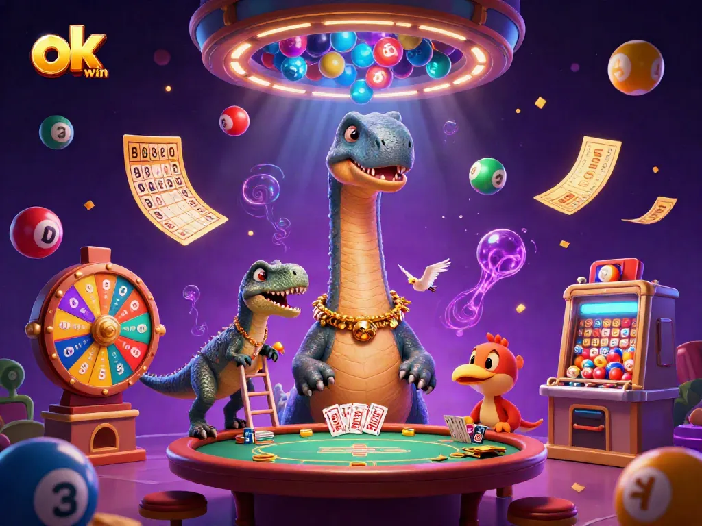Engage with ok win's dynamic casino scene showcasing a giant brontosaurus interacting with a raptor dealer and lottery elements.