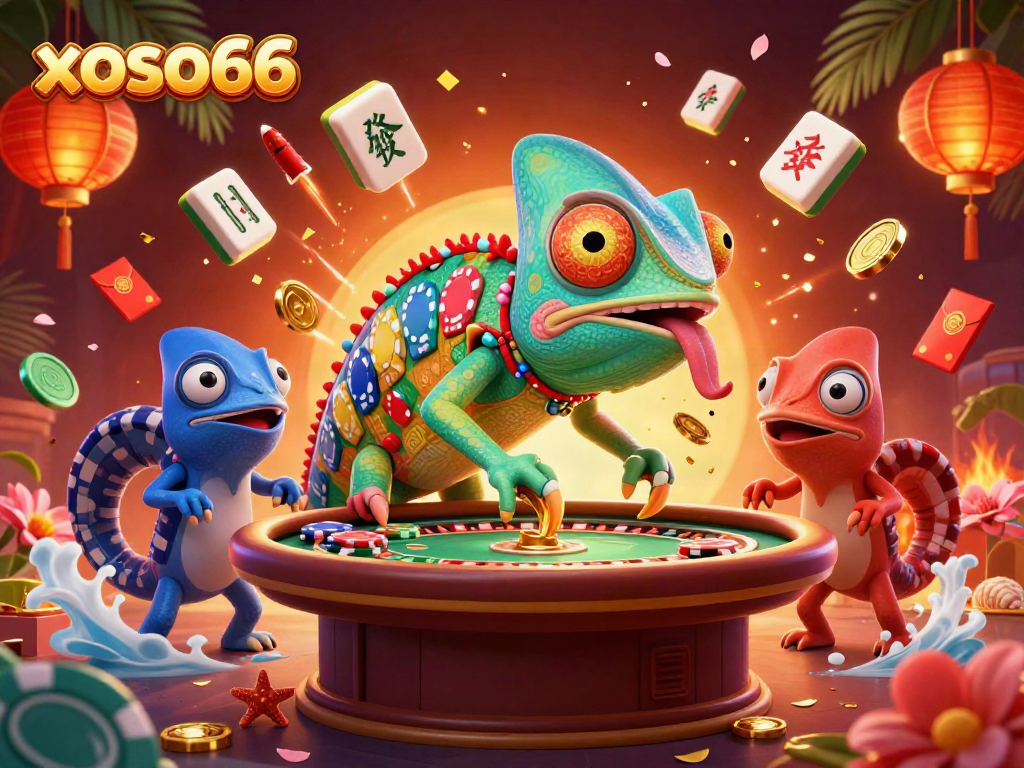 Engage with xoso66's vibrant 3D casino scene featuring a colorful chameleon and festive gaming elements.