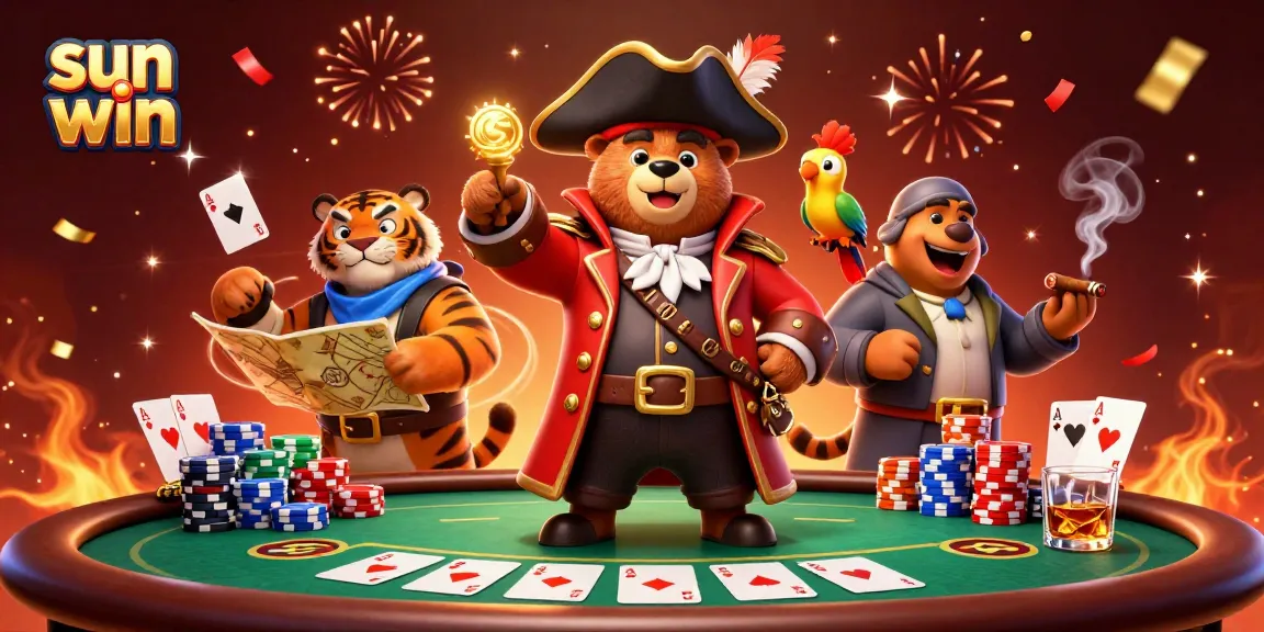 Experience exciting games at sun win with a vibrant scene showcasing colorful poker chips and thrilling characters.