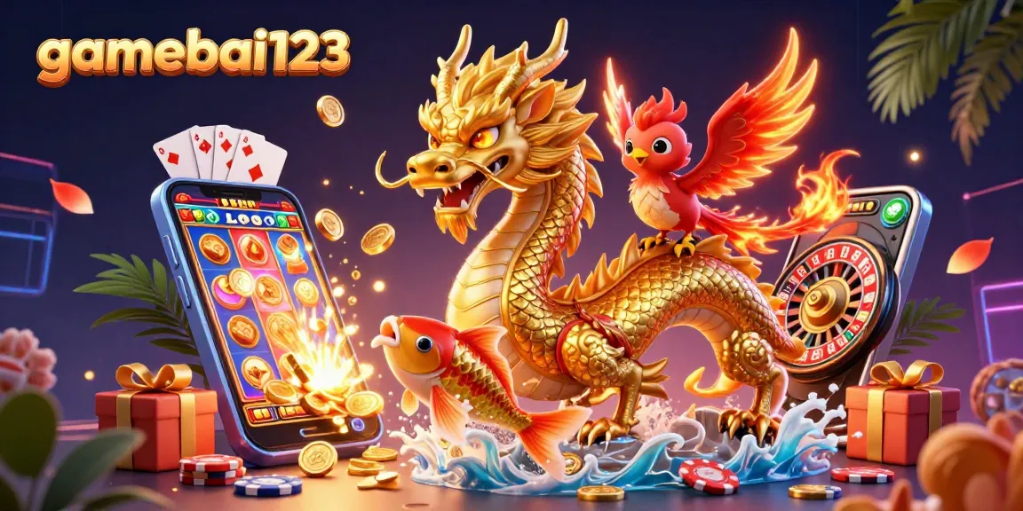 Experience the excitement of gamebai123 with a golden dragon, phoenix, and koi fish amidst vibrant casino elements.