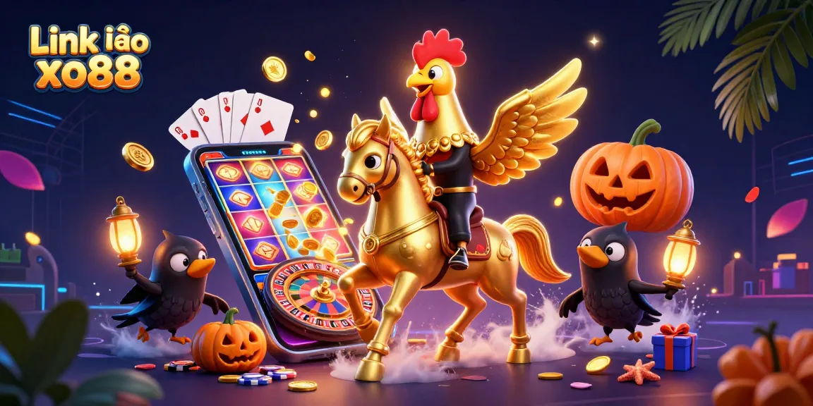 Play exciting slot games with a golden rooster character in the Link vào xo88 casino illustration.