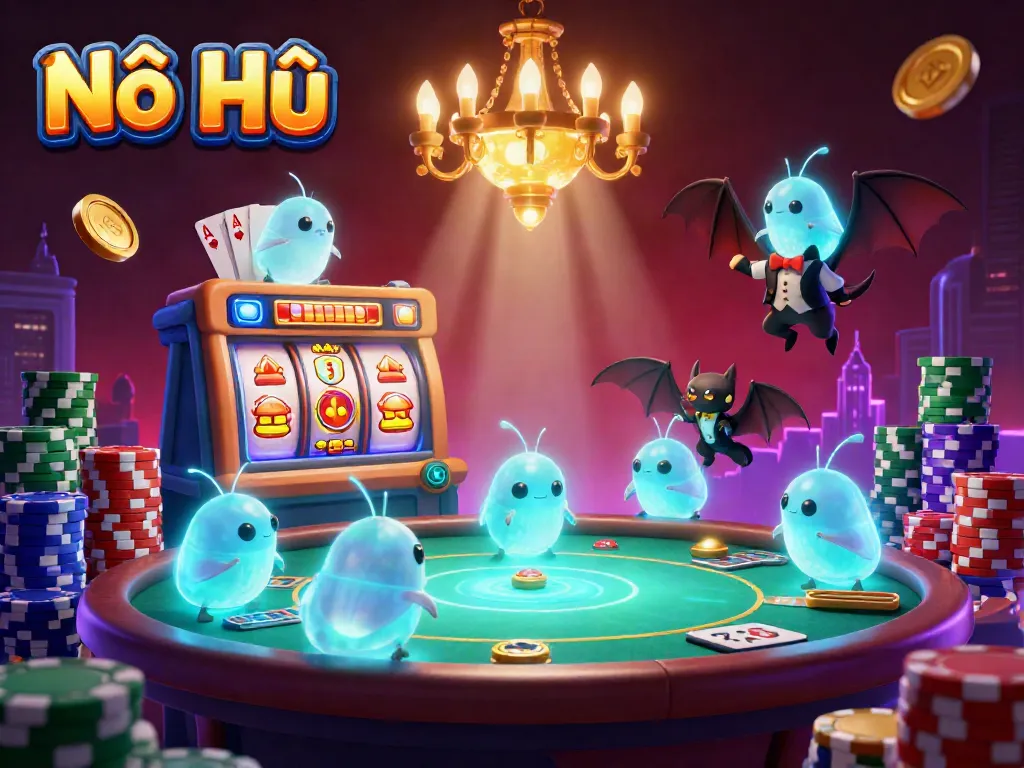 Nổ Hũ action-packed casino scene with glowworms, poker chips, and a bat dealer