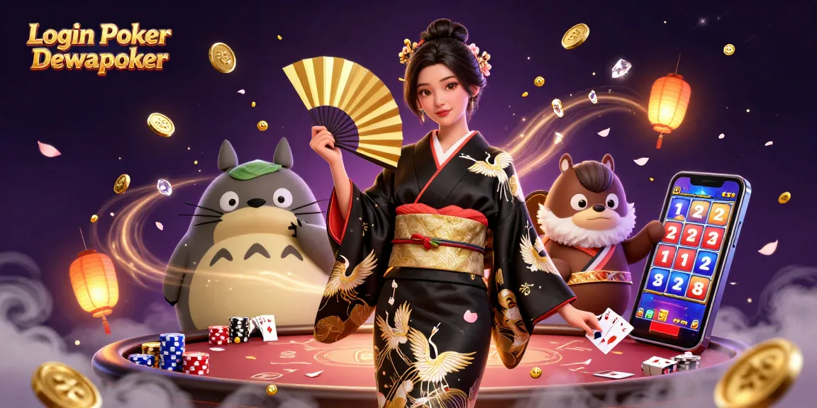 Engage in Login Poker Dewapoker with vibrant 3D illustration showcasing a poker scene filled with colorful elements.